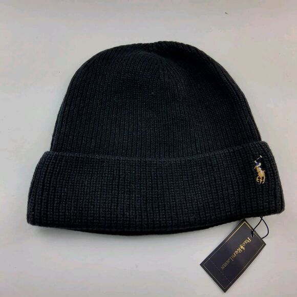 Polo Ralph Lauren 100% Wool Knit Hat Beanie Black - Picture 1 of 4